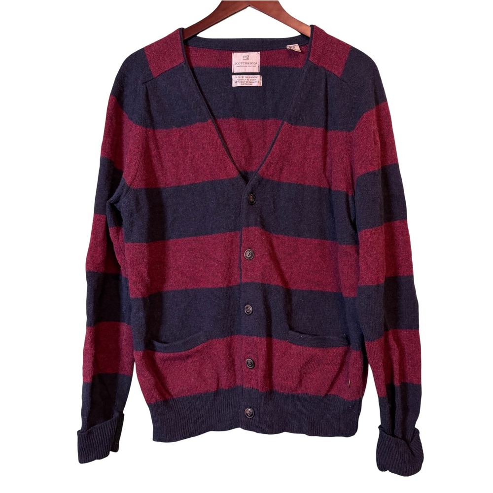 Scotch & Soda Men's XL Burgundy Navy Striped Cardigan Leather Elbow Patches
